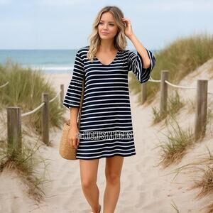Madewell Cotton Navy White Striped Bell Sleeve Tunic Shift Dress Nautical Size S